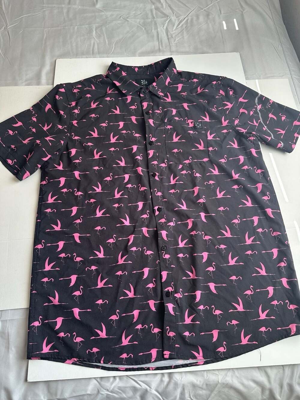 CHO Men’s XL Flamingo Print Button Up Shirt Tropical Hawaiian Resort